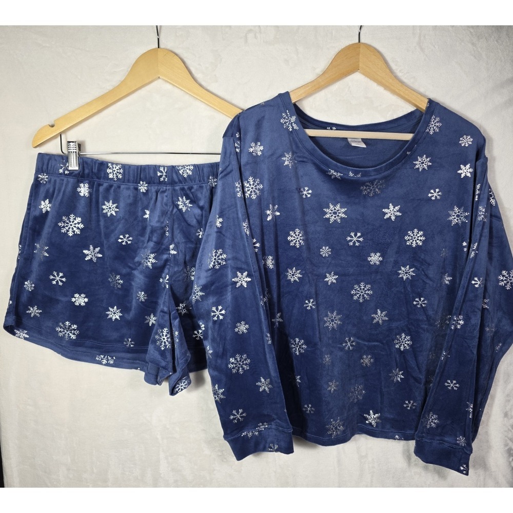 Sleep Chic XL Blue Velour Pajama Set Snowflake Print Long Sleeve Soft Lounge - Picture 2 of 15